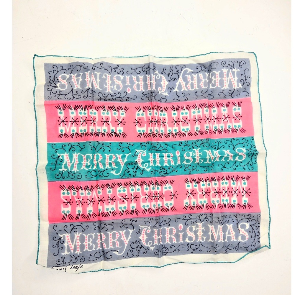 Vintage Tammis Keefe Merry Christmas Handkerchief Mid Century Modern Pink Teal